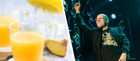 Auf einer durch einen weißen Balken geteilten Grafik ist links ein Foto eines gelben Getränks in einem kleinen Glas und rechts ein Foto von Rapper Thomas D zu sehen.